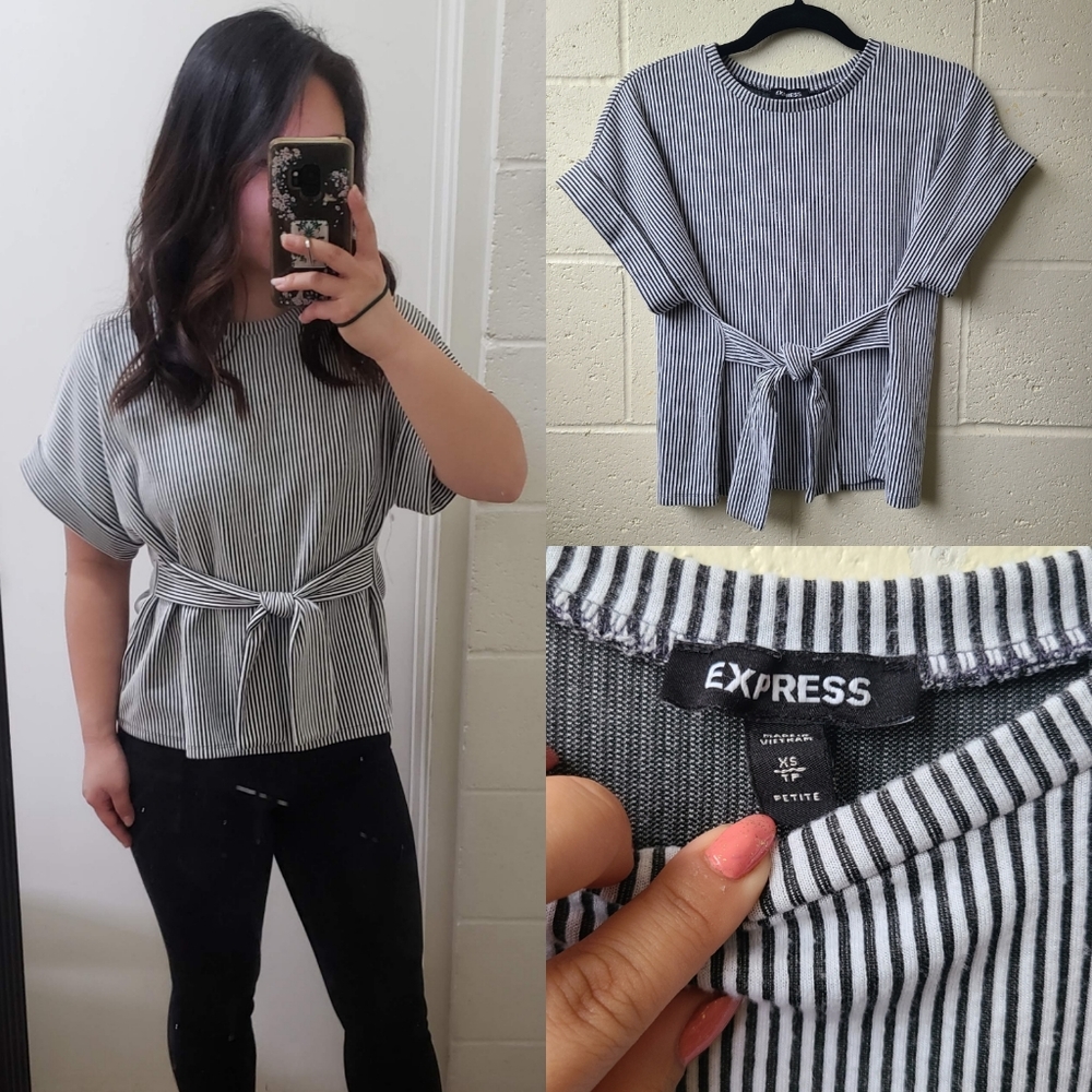 Express Front Tie Black and White Short Sleeve Top
